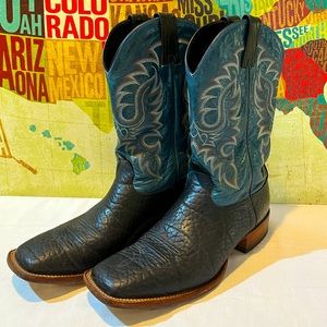 Nocona Mens Western Cowboy Boots Bullhide Leather  Black/Blue Square Toe 11D